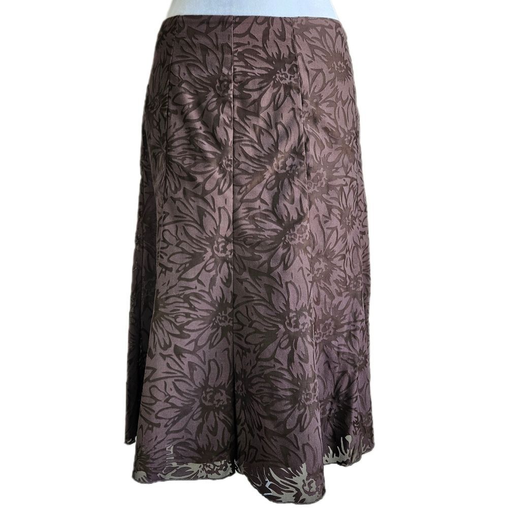 First Option Vintage Midi Skirt Womens 8 Brown Burnout Floral Flare Fairy Grunge